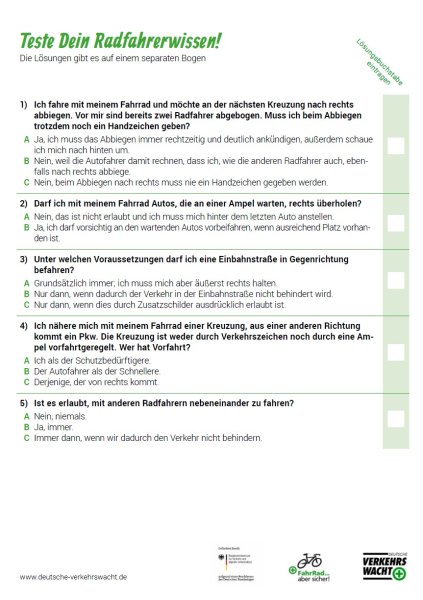 Quiz StVO - Frage- und Antwortbogen (A4) - Set